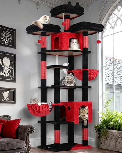 Globlazer F82 Gothic Schloss Kratzbaum 209cm für Große Katzen, Schwarz Rot | Katzenbaum Stabil über 2 Meter mit 3 Sitzstangen, 2 Katzenhaus, 2 Korb Plattform, Aktivitätskratzbäume für 2/3/4 Katzen Innen