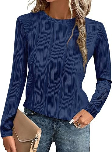 OOHOKAY Women's Long Sleeve Tops Round Neck Textured Blouse Solid Basic T-Shirts Navy Blue-p3 M