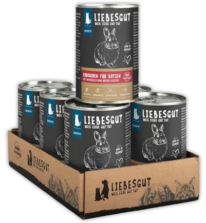Liebesgut Bio Katzenfutter Nass Kaninchen mit Mangold und Reisflocken, extra viel Fleisch, 6x400g, produziert in Bayern