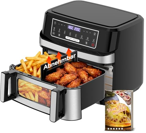 Air Fryer 12L | Friteuse à Air Chaud XXL Mode Flexible 1 ou 2 Zones, 2600W Double Chauffage Contrôle Indépendant Fenêtre et Éclairage, Friteuse sans Huile 2 Compartiments 8-en-1 Écran Tactile Recettes