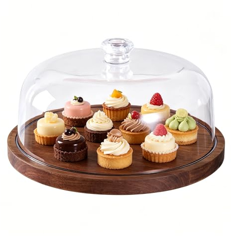 lvifloae Soporte para tartas de madera de acacia con tapa, soporte redondo para tartas y tabla de embutidos, juego de mesa de postre con cúpula acrílica grande para queso, patatas fritas,