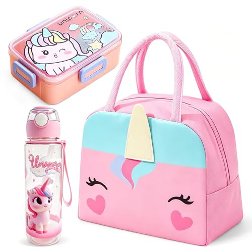 Unicorn Lunch Box Set for Girls–600ml 2-Compartment Bento Box with Cutlery, 900ml Leak-Proof Straw Water Bottle with Handle, Insulated Thermal Lunch Bag–BPA-Free Food Container for School (Pink)