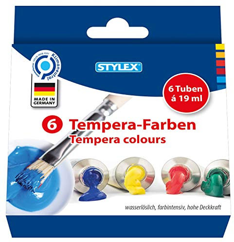 Stylex 28800 - Temperafarben im Set, 6 Tuben á 19 ml, gebrauchsfertige Schulmalfarbe, auch für Kinder geeignet