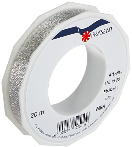 PRÄSENT C.E. Pattberg Wien Geschenkband Silber, 20 m Geschenkband zum Einpacken, 15 mm Breite, Zubehör zum Dekorieren & Basteln, Dekoband für Geschenke