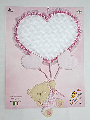Fiocco Nascita Palloncino Cuore Rosa e Orsetto 38X 26 cm da Ricamare per Neonato con Inserto Aida 55 Fori Prodotto in Italia