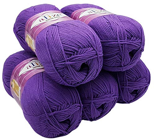 Alize Cotton gold 5 x 100g Strickwolle 55% Baumwolle, 500 Gramm Wolle einfarbig (lila 44)