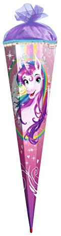 ROTH Schultüte Einhornportrait 85 cm groß - Glitter - 6-eckig Rot(h)-Spitze Tüllverschluss Glitzerborte & LED-Band - Zuckertüte Einhorn Glitzer