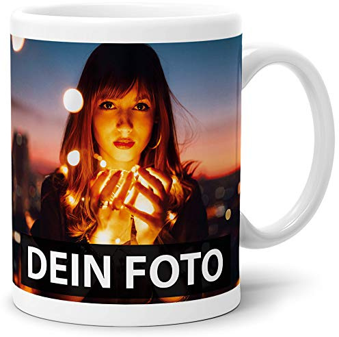 Foto-Tasse zum selbst gestalten mit Foto und Text/mit individuellen Druck in Profiqualität/Personalisierte Geschenk-Idee mit Bild/Weiss - Matt