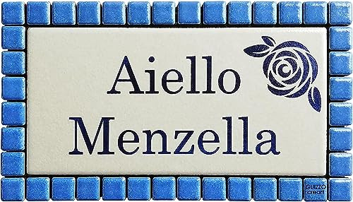 GUIZZO Creart - Targa Personalizzata Nomi/Via in Ceramica, Targhetta Personalizzata Modificabile con Cornice in Mosaico, Porta Ingresso Personalizzata, Made in Italy, 17x9H cm, Azzurro/Panna
