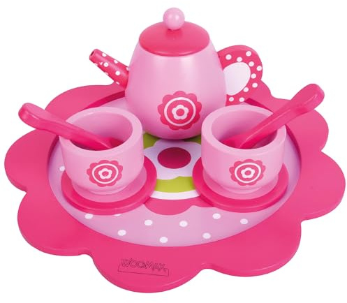 Color Baby WOOMAX 46478 Tee-Set, Geschirr für Kaffee, Kanne aus Holz, Tablett, Küche, Spielzeug für Kinder 3 Jahre, bunt
