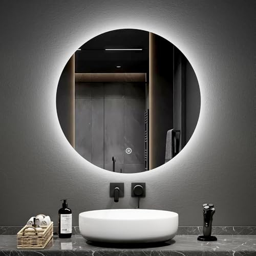 EMKE Badspiegel mit Beleuchtung rund 70cm, Dimmbar Kaltweiß Licht | Badezimmerspiegel mit Touchschalter, Speicherfunktion, IP44 Schutz, LED Badezimmerspiegel