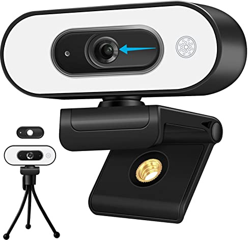 Svcouok Cámara web de 1080P con anillo de luz y brillo de 3 niveles, cámara de transmisión con micrófono integrado, trípode y Plug & Play para zoom/Skype/Facetime, PC/Mac/Laptop