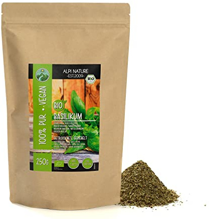 Alpi Nature Basilic Séché BIO 250g, Feuilles de Basilic bio Séchées et Frottées, Assaisonnement Italien