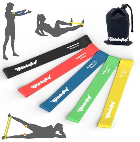 Güdstuf Resistance Bands Set of 5 – Natural Latex Loop Bands with Carry Pouch – Non-Slip Exercise Bands for Home Fitness, Yoga, Pilates, Rehab & Strength Training