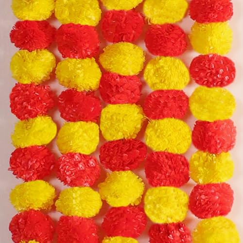 5 Stück – 4.5ft Ringelblumengirlande Halloween Diwali Pooja indische/amerikanische Hochzeit Kaminsims-Dekoration künstliche Blumenschnur Weihnachten Herbstfest Frühling Busch-Blumendekor – GelbMagenta