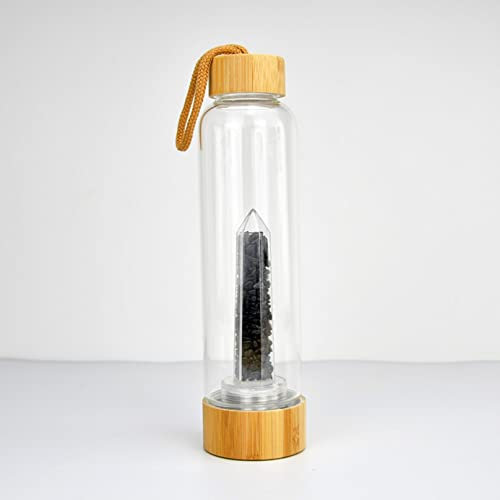 BiiKoon Healing Crystal Water Bottle,550ml Gemstone Infused Energy Water Bottle Natural Quartz Gravel Sport Drinks Bottle Removable Crystal Quartz Glass Cup (Color : Obsidian, Size : 550ml)