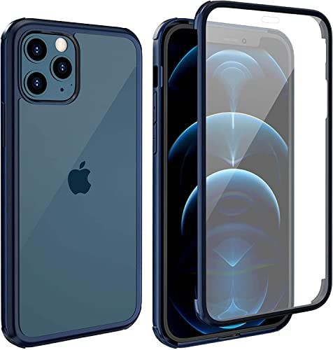 Leedia 360 Grad Kompatibel mit iPhone 12 Pro Max Hülle Ganzkörper Eingebauter Glas Displayschutzfolie Stoßfest Schutzhülle Transparent Durchsichtig Handyhülle für iPhone 12 Pro Max 5G 6.7 Blau