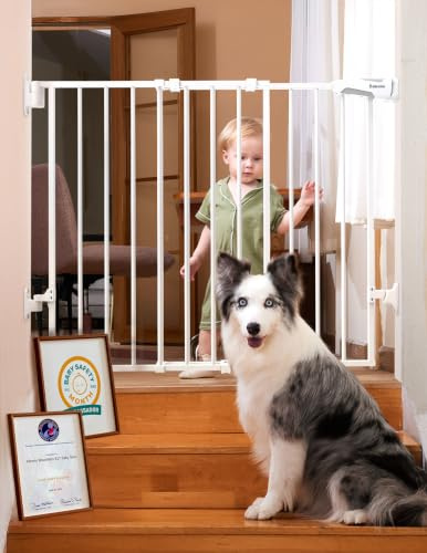 Babelio Baby Gate for Stairs, Kitchen & Doorways, 26-43 W 28 H No Bottom Bar| Easy Installation| One-Handed Operation| Auto-Close| Hardware Mount (Drill Needed) Safety Dog/Pet Gate Indoor (White)