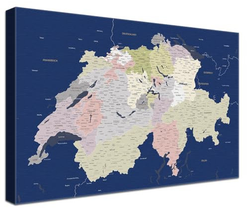 LANA KK - Luxus Pinnwand Schweizkarte - Blau - Deutsch - in 100 x 70 cm, stabile Rückwand zum Pinnen inkl. Starterkit - Leinwand-Kunstdruck Wandbild Landkarte XXL