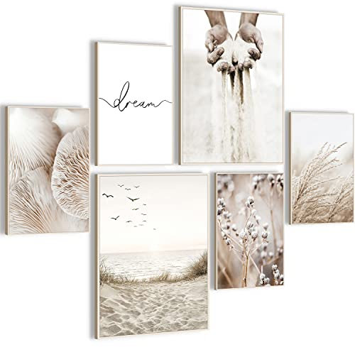 HONEYBABY Boho Framed Wall Art for Living Room Botanical Landscape Canvas Wall Art Decor for Bedroom Modern Neutral Beach Art Pictures for Bathroom Kitchen Office Set of 6