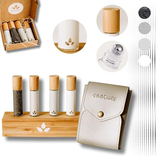 Roilscents , Roll on aceites esenciales, Estuche aceites esenciales, Rollon 10ml, Botes para Aromaterapia con Etiquetas, Botella Cristal para Perfume, Envase rollon, Regalos mujer originales