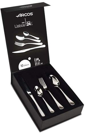 Arcos Serie Lisboa - Cubertería de 24 piezas en Caja de Regalo (6 Cuchillos + 12 Cucharas + 6 Tenedores) - Monoblock de una pieza en Acero Inoxidable - Color Plata