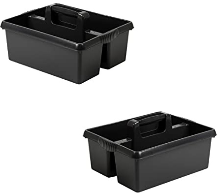 Set of 2- Large Cleaning Caddy with Handles Plastic Caddy Tidy Organiser Cleaners Carry All Tote Tray Basket with Multi Compartment Cleaning Tool Utility Caddy for Kitchen Sink Bathroom (Black)