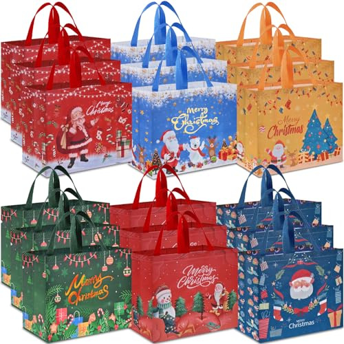 AhfuLife 18 Stück Geschenktüten Weihnachten Groß, Non Woven Weihnachtstaschen Weihnachtstüten mit Griffen, Wiederverwendbare Weihnachtsgeschenktüten, Weihnachts Geschenktaschen, 40 * 36 * 15CM