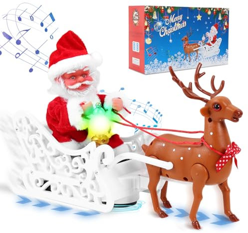 Gfilay Elektro-Weihnachtsmann mit Rentieren und Schlittenspielzeug, der mit Jingle Bell Rock singt und Tanzt, Weihnachtsdeko mit Musik und Lichtern, eine lustige Geschenkidee für Kinder und Familie