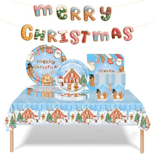 Weihnachtspapier Partygeschirr Set,70 Stück Blau Lebkuchen Pappteller Becher, Servietten Tischdecke und Merry Christmas Banner Set Weihnachten tischdeko für 16 Gäste Weihnachten Dekoration