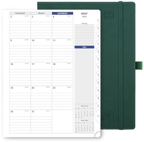 POPRUN Monatsplaner 2024–2025 (21,6 x 27,9 cm), 13-Monate-Kalenderbuch (24. Juli – 25. Juli), Kalenderplaner mit monatlichen Registern, zwei Taschen, 100 g/m² Papier, Waldgrün