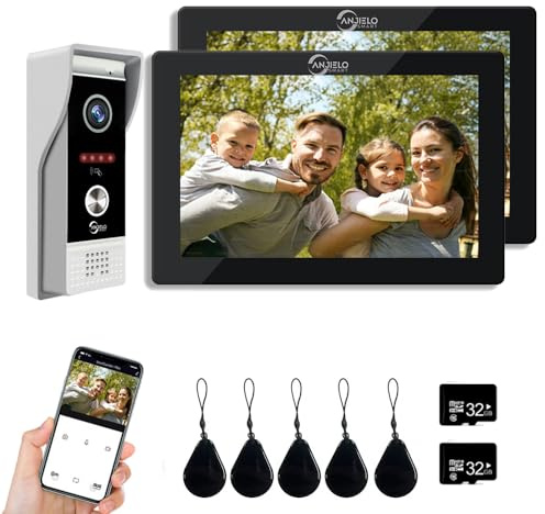 ANJIELO SMART Sonnette de Porte vidéo 1080P avec écran Tactile de 7 Pouces Sonnette de Porte vidéo Interphone, supportant Le déverrouillage par Carte IC Détection de Mouvement PIR (2, Noir)