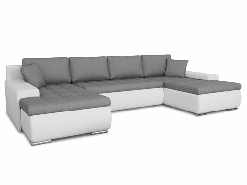 Sofnet Wohnlandschaft mit Schlaffunktion Faris U-Form - Couch, Schlafsofa mit Bettkasten, Couchgranitur mit Bettfunktion, Big Sofa, Bettsofa (Weiß + Grau (Madryt 120 + Inari 91))