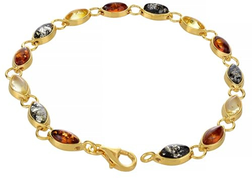 Bracelet en argent sterling 925 plaqué or 18 carats et ambre de la Baltique multicolore Collection de bijoux en ambre