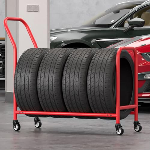 ZJKXJH Reifenregal Reifenständer Rotes Reifenregal - Rollendes Reifenregal Für Die Garage, Metall Heavy Duty Reifenhalter Mobile Regal Wagen Mit 4 Rad Für Auto Werkstatt Autoreparatur Shop