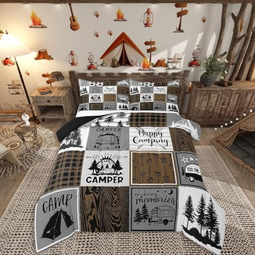 Erosebridal Rustikales Camping-Bettwäsche-Set, Wohnmobil, Wohnmobil, Queen-Size-Bett, Bauernhaus, Büffelkariert, Daunendecke, Wohnwagen-Zubehör für Innenräume, Reiseanhänger, Etagenbett, Steppdecke,