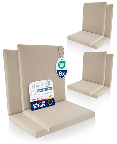 Beautissu 6er Set Premium Niedriglehner Auflage 100% Wasserdicht Sitzkissen | 100x50cm Beige bequem pflegeleicht waschbar Gartenstuhl Polsterauflage Gartenmöbel Stuhlauflage UV-beständig QD-NL