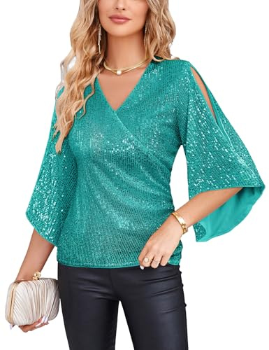 GRACE KARIN Damen Pailletten Bluse Festliche 3/4 Ärmel Elegante Oberteil