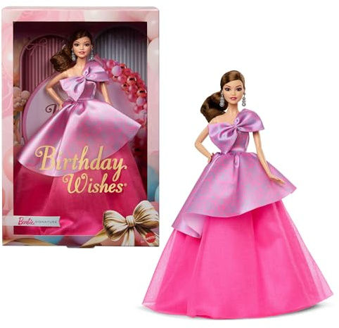 Barbie Signature Birthday Wishes-Puppe, Sammelfigur, Modepuppe mit seidigem rosa Kleid, braunem welligen Haar, Geschenkverpackung, JBJ08