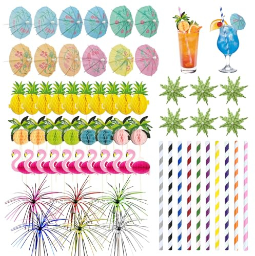 146 Stück Cocktail Deko, Cocktail Zubehör,3D Papier Cocktail Schirmchen, Cocktail Dekoration für Sommer Party Strand Hochzeitsfeier Bar Getränke Kuchen Deko Essen Getränke Dekorationen