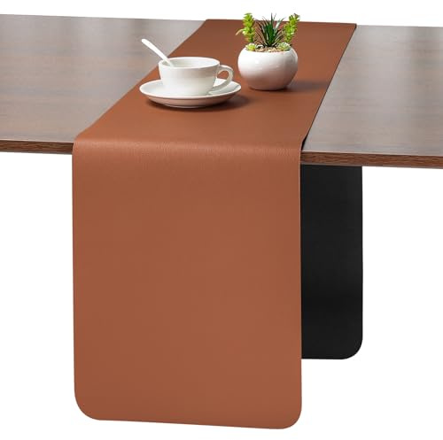 Myir JUN Chemin de Table Moderne Chemin de Table Synthétique Double Face | Extérieur Chemin de Table en Cuir Lavable Imperméable Antidérapant et Utilisable 30 X 140 cm(Marron clair Gris)
