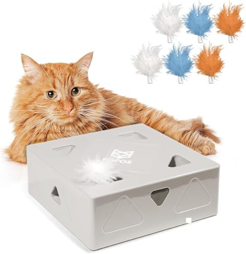 FOFOS Caja para Gatos, Juguete Interactivo con Pluma Inteligente, Pluma Colorida Brillante de Escondite con el Gato. Detección Inteligente del Acercamiento del Gato para Jugar (Blanco-Baterías)