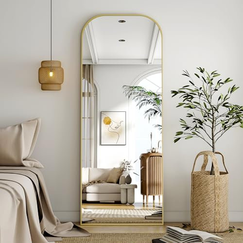 BEAUTYPEAK 142 x 52 cm Minimalist Frame Standing Mirror, Solid Full Length Mirror, Free Standing, Lightweight Full Length Mirror, Hanging on the Wall Horizontal or Vertical for Bedroom, Gold