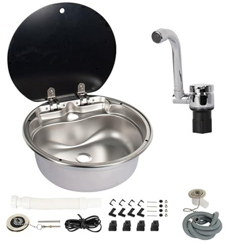 YLLSMGS Camping Spülbecken Kleines Spüle Wohnmobil mit Gefaltetem Wasserhahn und Deckel Zubehör Edelstahlspüle für Outdoor