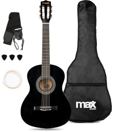 MAX SoloArt Junior 3/4 Beginner Acoustic Guitar Starter Kit, Black Wooden Childrens Guitar with Nylon Strings, Ideal Kids Musical Instrument for Learning