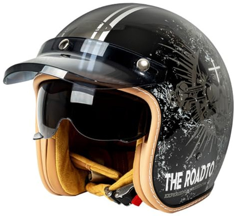 Rétro Casque À Face Ouverte 3/4 Demi Casque avec Visière Casque Moto Bols pour Street Scooter Cruiser ECEDOT Homologué Casque De Moto Jet pour Homme Et Femme 5,XL:61-62CM