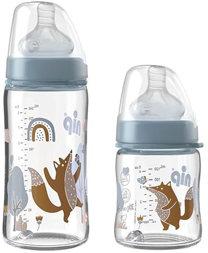 NIP Weithalsglasflasche GLAS Flasche, 2er Set, 120 ml + 240 ml Weithalstrinksauger Silikon, Sauger Gr. S feinste Sauglochgröße, Glas porenfrei glatt, ab 1. Tag, Muttermilch, Pre-Nahrung 0+