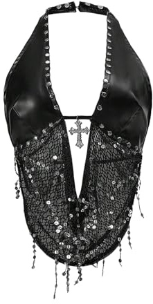 SOLY HUX Women's Gothic Grunge PU Leather Sparkly Halter Crop Top Y2k Deep V Neck Vest Rave Outfits Solid Black Medium
