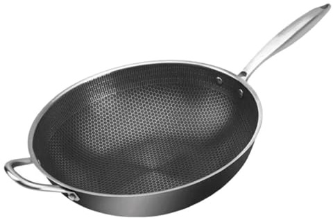 FUNNETOYU Sartén Wok De Acero Inoxidable Diseño De Panal y Doble Asa Compatible Cocinas De Inducción y Eléctricas Fácil De Limpiar y Distribución Uniforme Del Calor