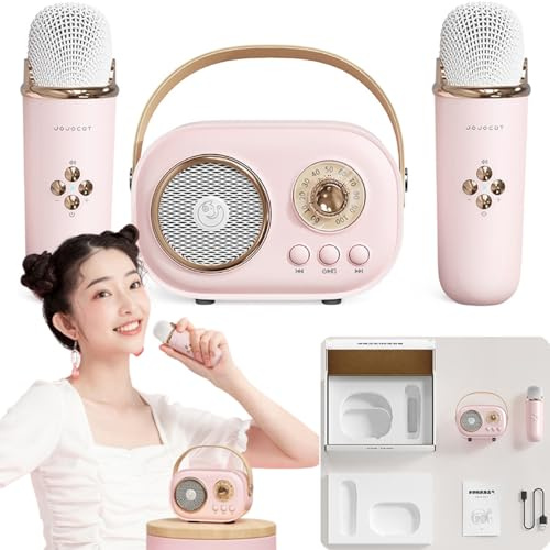 Cozy Home Speaker And Microphone,2024 New Cozy Home Karaoke Machine Mini Portable Bluetooth Speaker With 2 Microphone, Retro Boombox Set For Party Pink Double Microphone